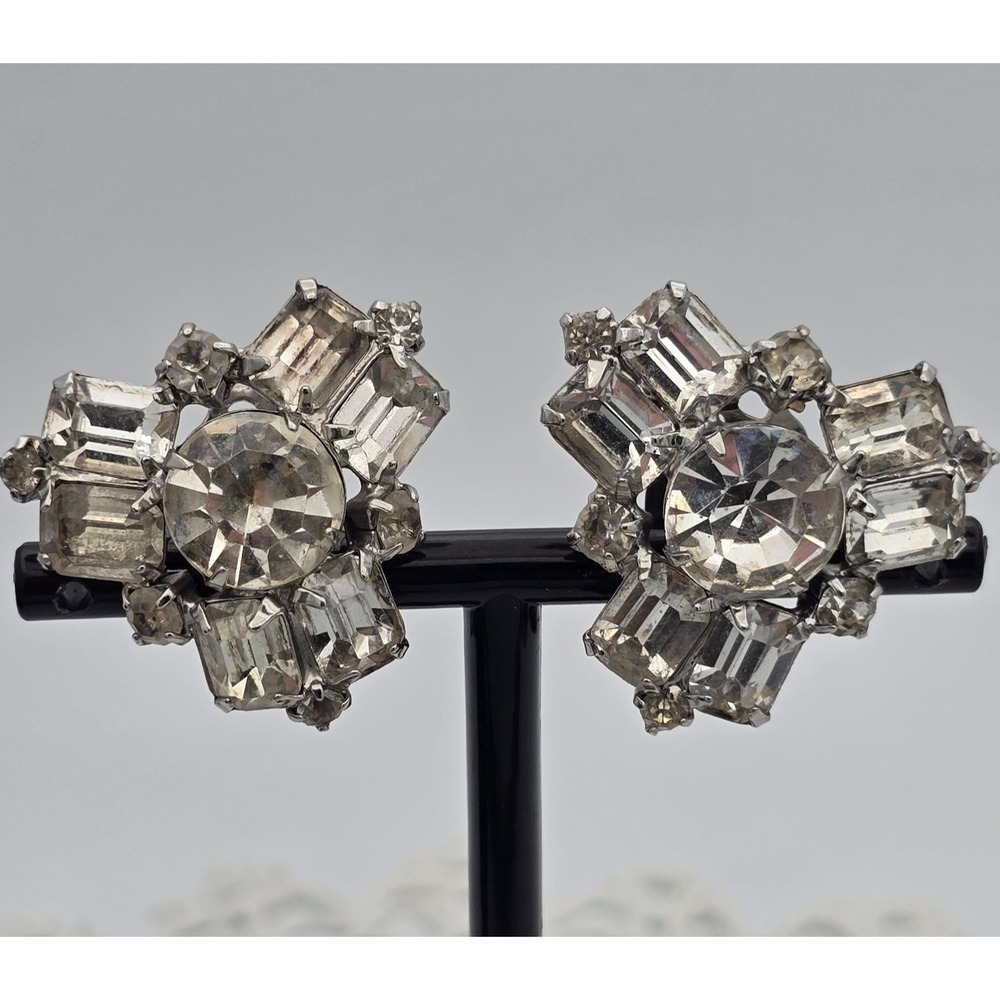 Kramer New York Vintage Rhinestone Clip On Earrings Silver Tone Statement